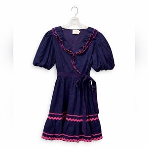 Vintage Lilbelle Boho Puff Sleeve Navy and Pink Midi Dress Size Small
